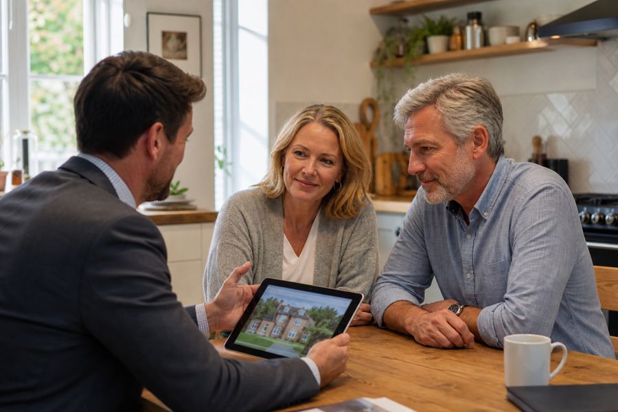 Estate agent showing a property listing on a tablet to a couple